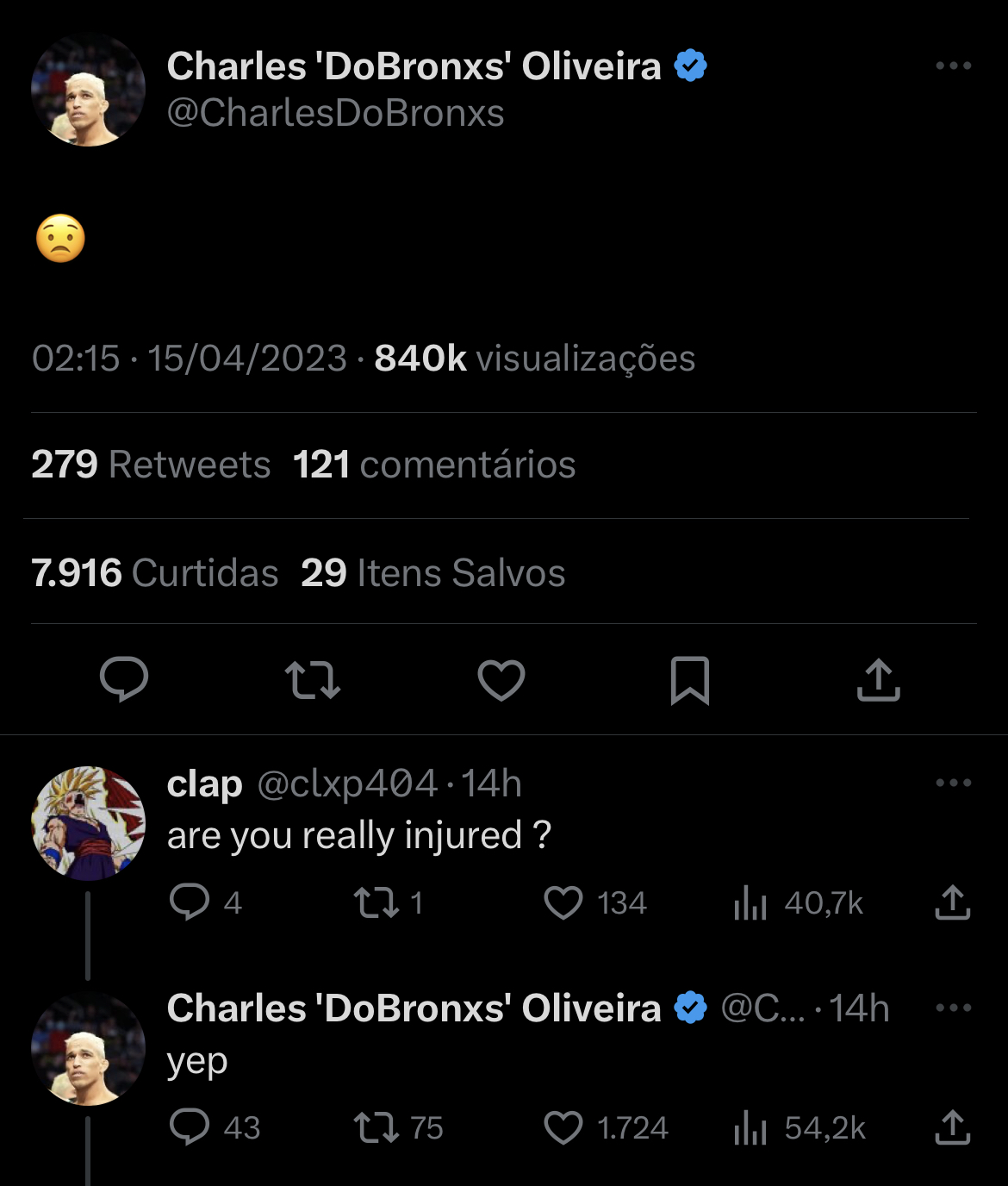 Charles “Do Bronx” responde a um fã em sua rede social e confirma que de fato está lesionado. (Reprodução / Twitter: @CharlesDoBronxs) 