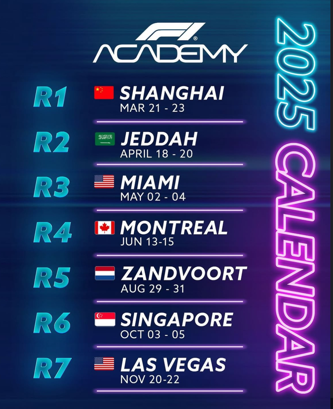 Imagem que mostra as 7 etapas da F1 Academy 2025, indicando os locais e datas.