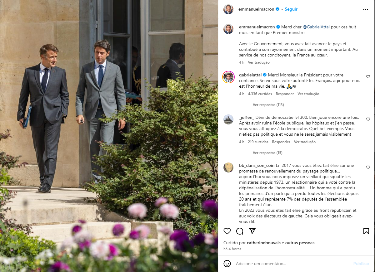 Macron agradece Gabriel Attal no Instagram 