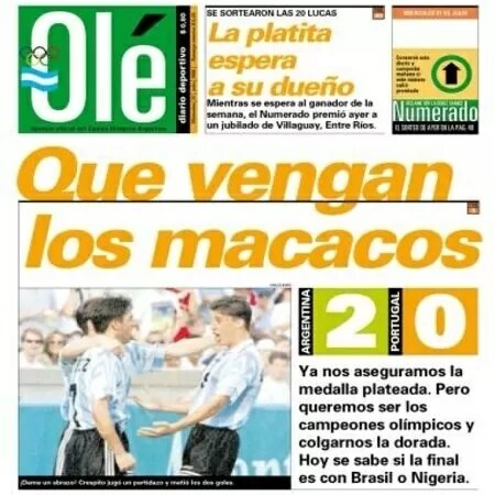 Foto racista postada pelo Jornal Olé com a frase "Que vengan los macacos"
