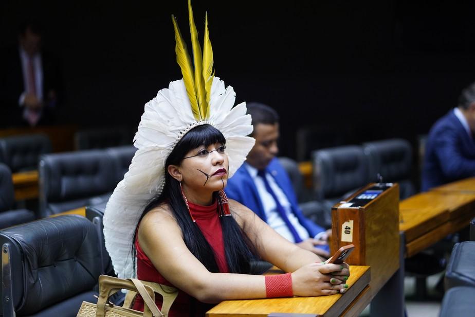 A deputada federal Célia Xakriabá (PSOL-MG) durante sessão na Câmara; Foto: Pablo Valadares/Câmara dos Deputados.