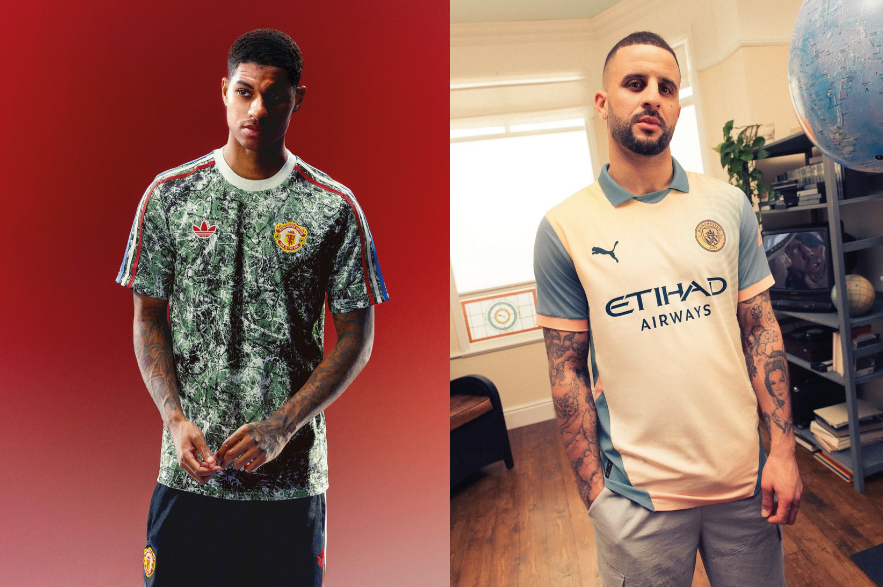 Jogadores do Manchester City e do Manchester United posando para divulgação de camisas