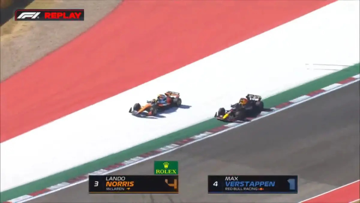 Norris ultrapassando Verstappen nas voltas finais do GP de Austin. Foto: Reprodução/F1