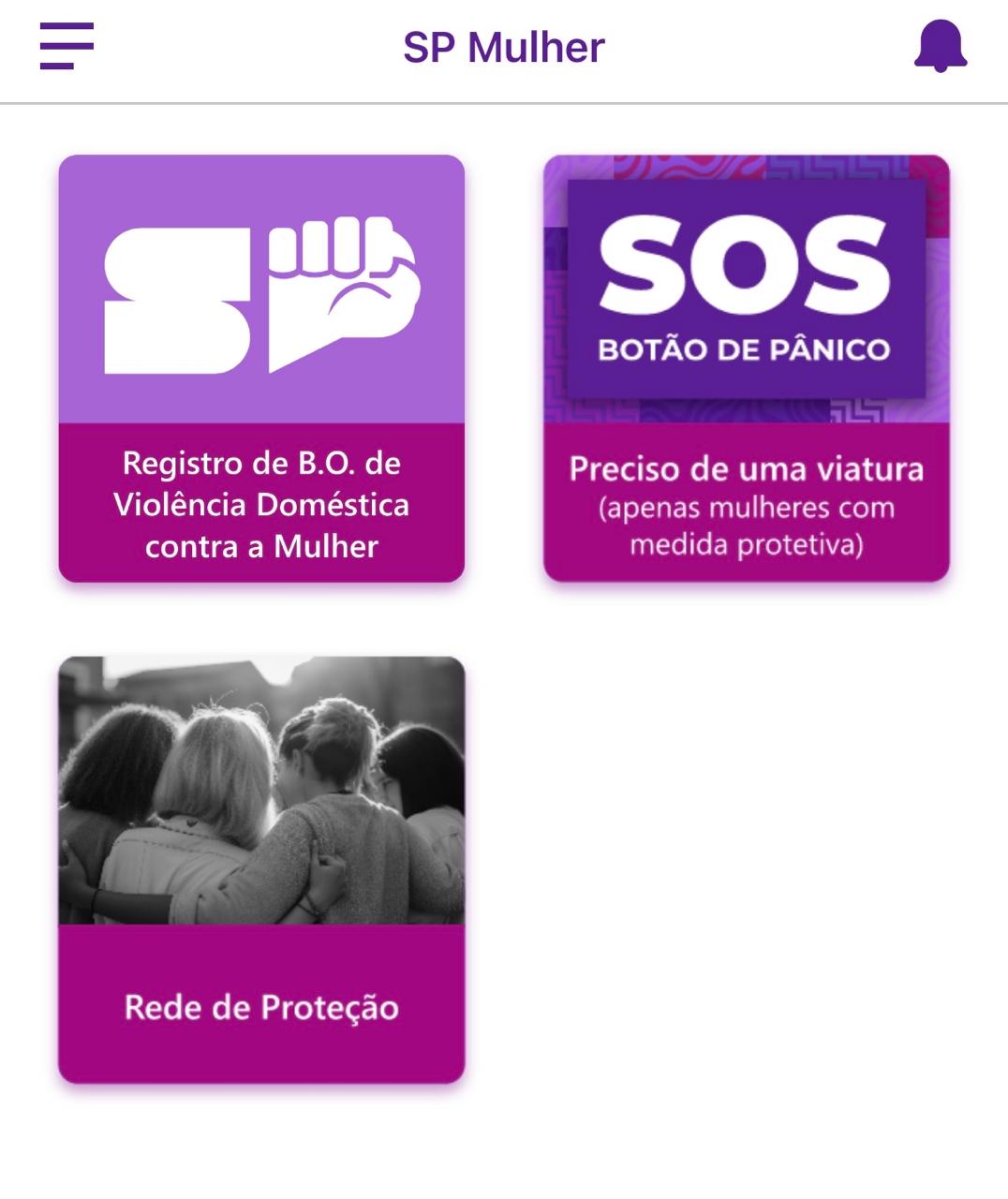 Print de tela mostrando as funcionalidades do SP Mulher Segura Reprodução: Thayná Alves