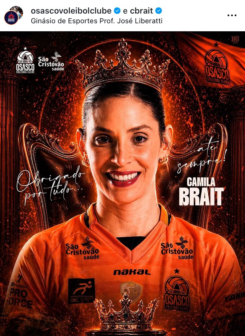 Arte de despedida publicada pelo Osasco Voleibol Clube em homenagem à líbero Camila Brait. Crédito: Reprodução/Instagram (@osascovoleibolclube). 