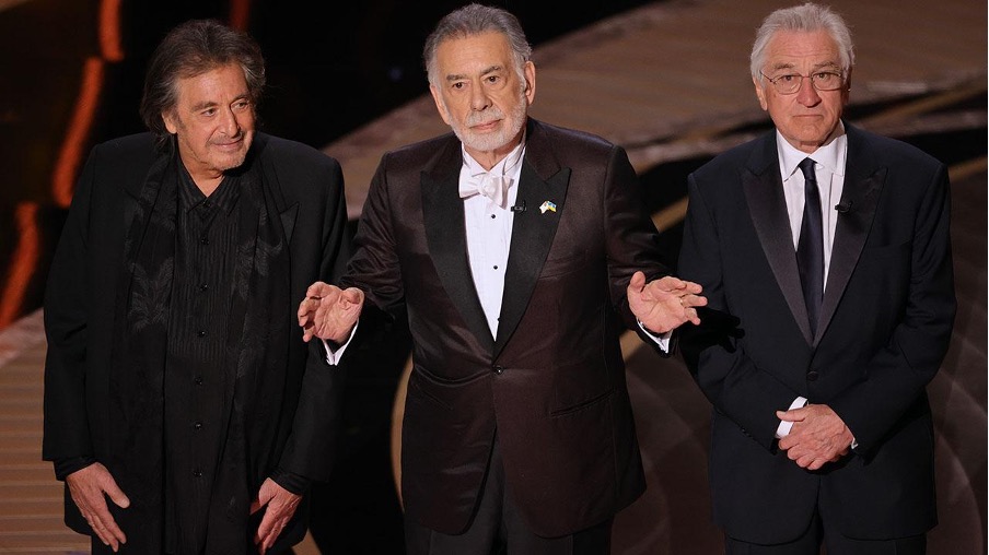 Da esquerda para a direita: Al Pacino, Francis Ford Coppola e Robert De Niro. Imagem: Getty Images.