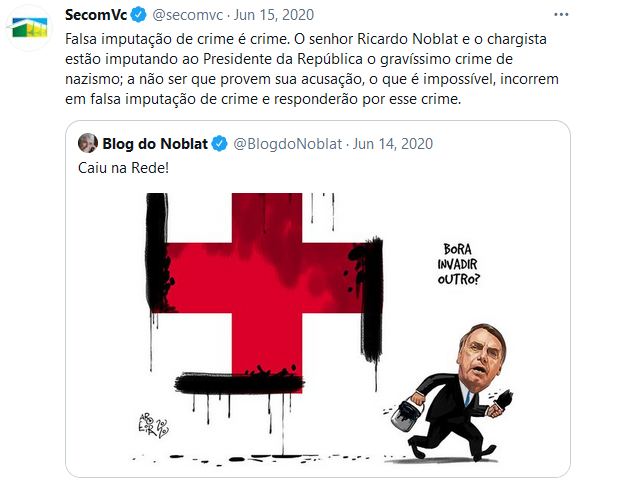 print do tweet da SecomVc dando rt na charge do bolsonaro pintando uma suástica na cruz vermelha