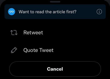Print do aviso do twitter na página de retweet que pergunta se o usuário deseja ler o artigo antes