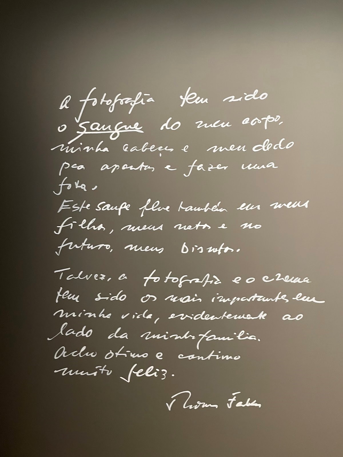 Manuscrito de Thomas Farkas estampado na parede, em que narra seu amor pela fotografia 