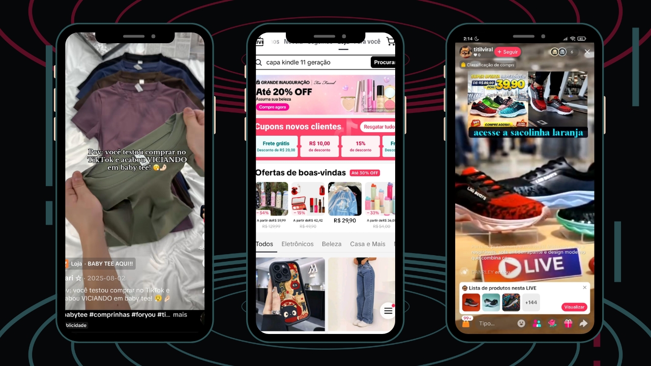 Montagem com interface do TikTok Shop e vídeos de promoção de produtos — Imagem: Eduarda Amaral/Canva