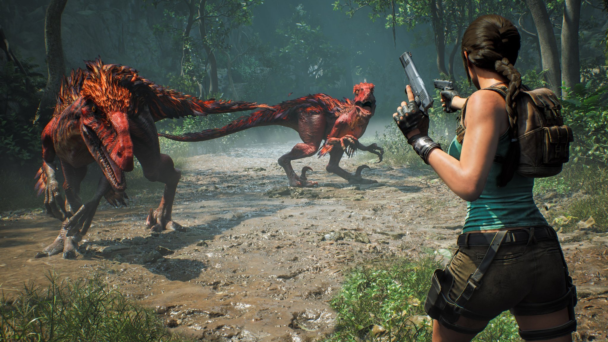 Frame da personagem Lara Croft, protagonista de Tomb Raider, lutando contra dinossauros