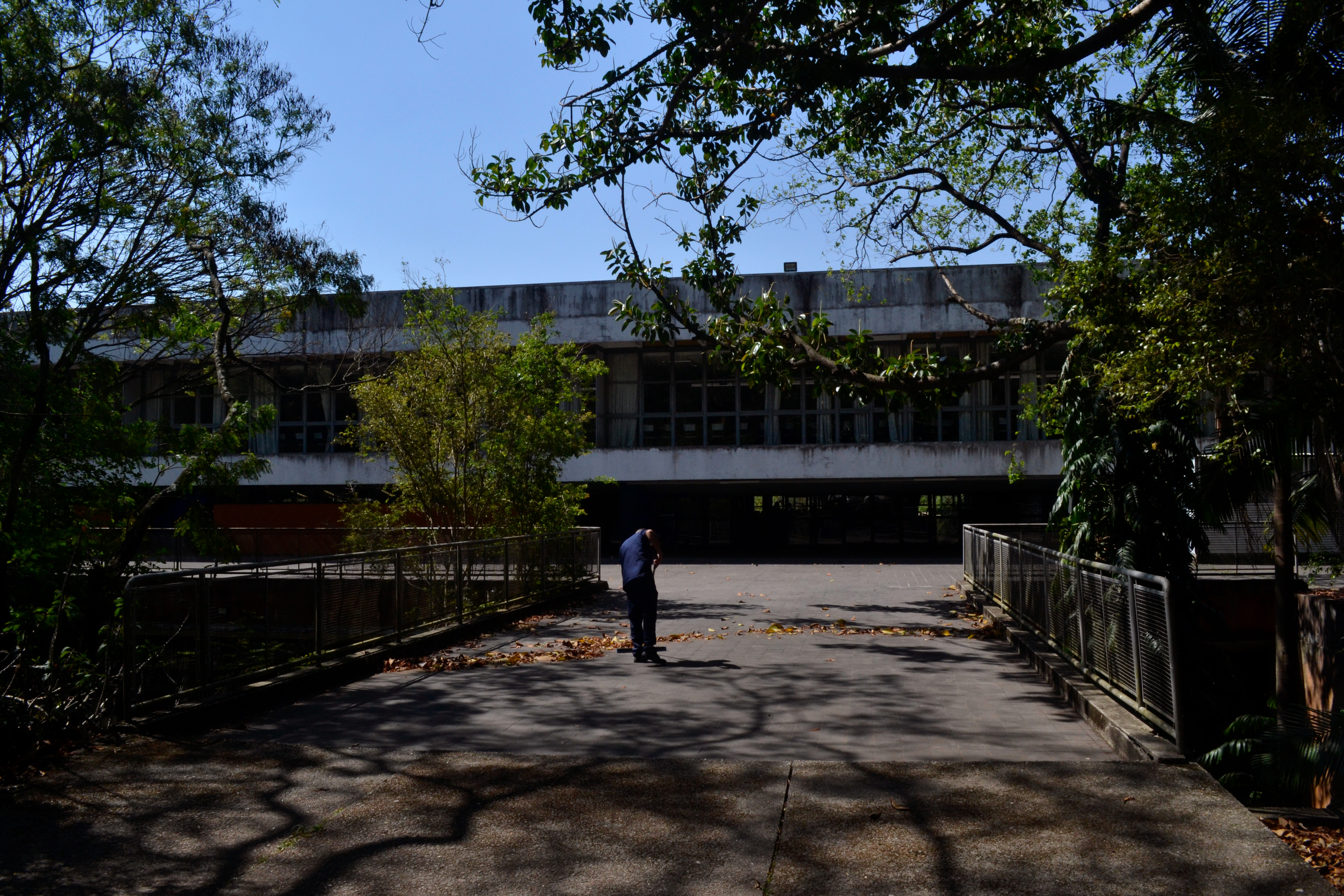 Trabalhador varrendo folhas em frente ao prédi ode História e eorafia da USP