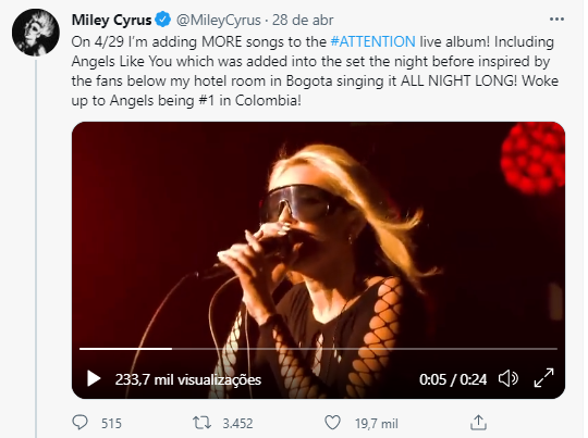 Em sua conta no Twitter, Miley escreveu “No dia 29/04 vou adicionar MAIS músicas ao álbum ao vivo #ATTENTION! Incluindo Angels Like You que foi adicionada ao set na noite anterior inspirado pelos fãs abaixo do meu quarto de hotel em Bogotá cantando A NOITE INTEIRA! Acordei com Angels sendo o número 1 na Colômbia”.