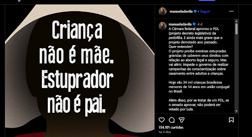 Arte compartilhada por Manuela D’Ávila em protesto contra o PDL - Reprodução: Instagram Manuela D’Ávila