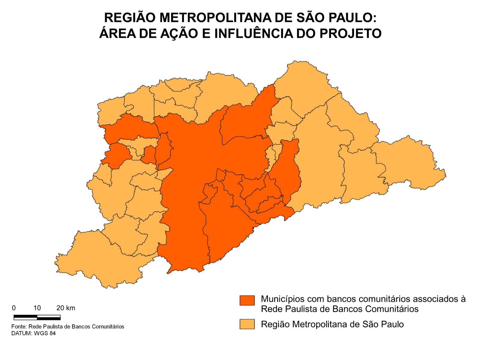 Mapa da área de ação dos BCDs em São Paulo. Fonte: Rede Brasileira de Bancos Comunitários. Elaboração própria.