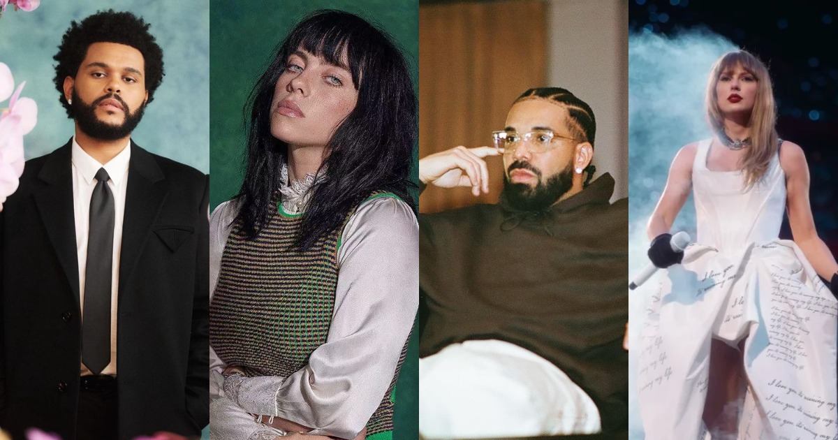 The Weeknd, Billie Eilish, Drake e Taylor Swift, artistas que figuram o top 10 global no Spotify. Foto (da esquerda para a direita): Reprodução/@theweeknd @billieeilish @champagnepapi @taylorswift/ Instagram