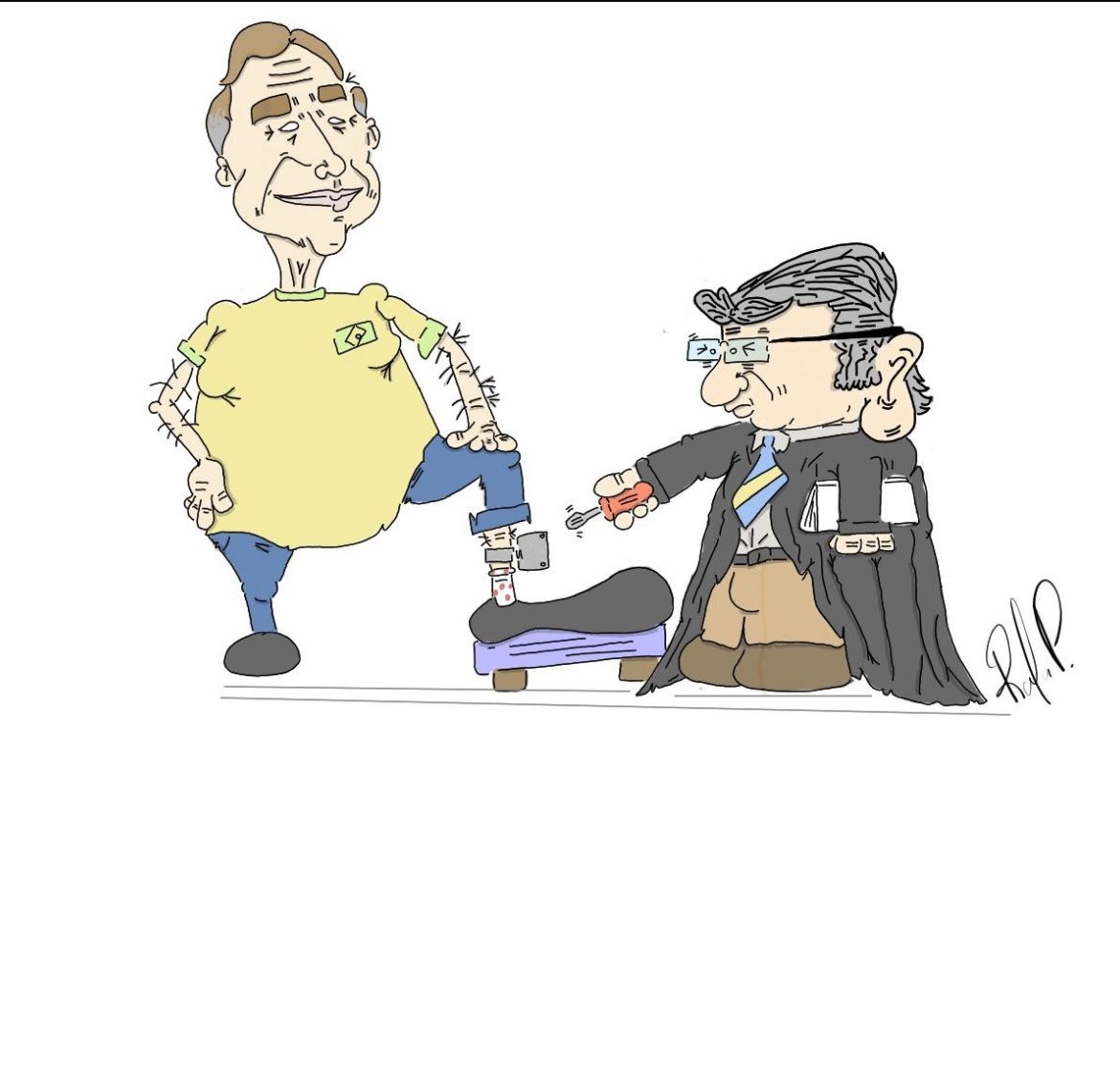 Ministro do STF Luiz Fux, retira a tornozeleira eletrônica do ex-presidente Jair Bolsonaro. A charge foi inspirada nas falas do ministro que, em seu voto nesta quarta-feira (10), defendeu a tese de que o Supremo é incapaz de julgar o caso.