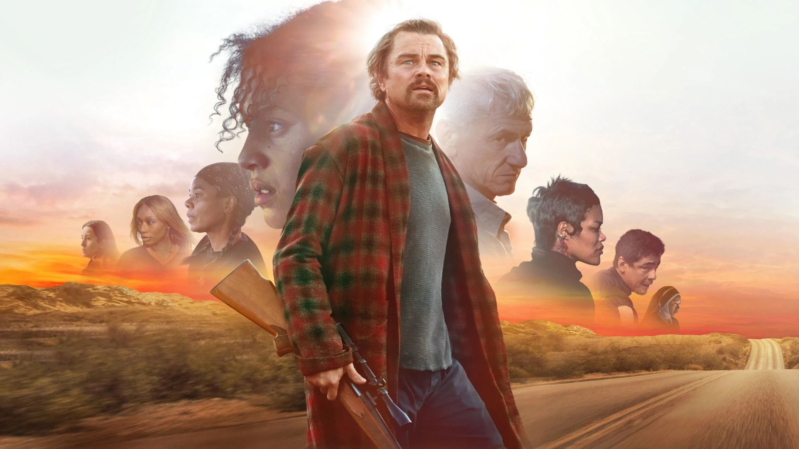 Poster de divulgação do filme "Uma batalha após a Outra". Leonardo DiCaprio aparece no centro da imagem. Rosto e busto dos demais personagens principais aparecem ao fundo.