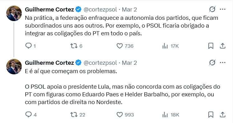Pronunciamento do Deputado Estadual Guilherme Cortez (PSOL-SP) acerca da federação entre PT e Psol 