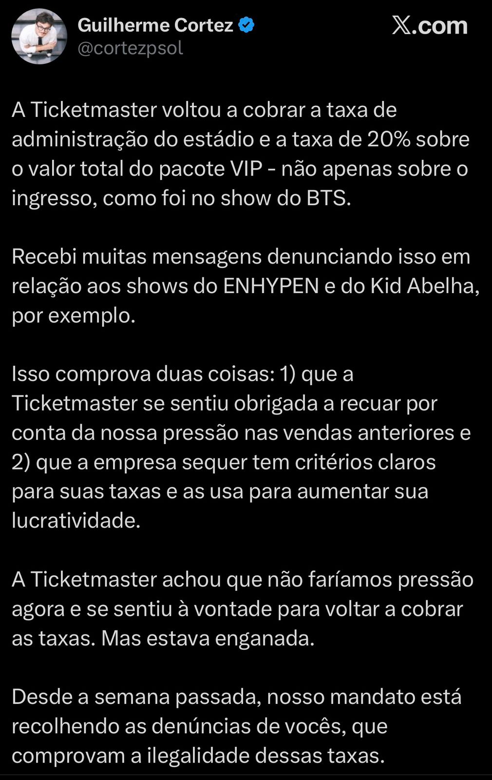 Print da denúncia feita na rede social X do deputado Guilherme Cortez