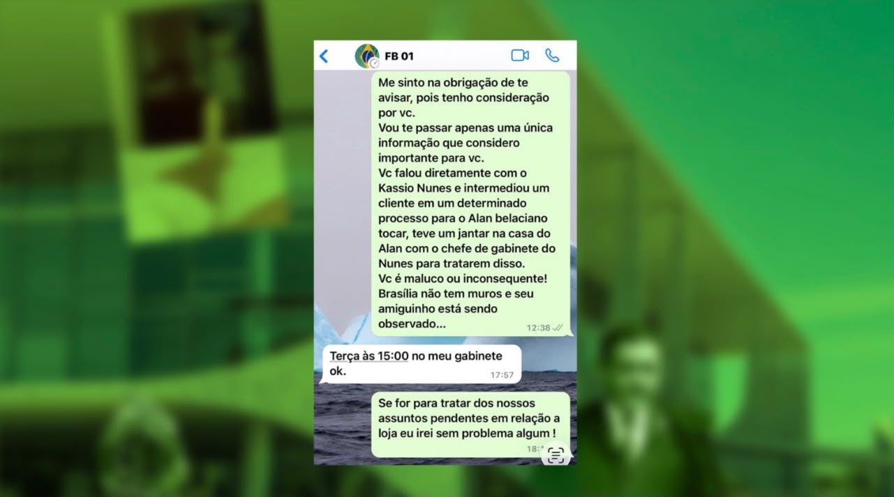 Mensagens enviadas por Santini, em que o ex-sócio afirma que Flávio teria atuado a favor de um cliente de Belaciano. Foto: Reprodução/PlatôBR